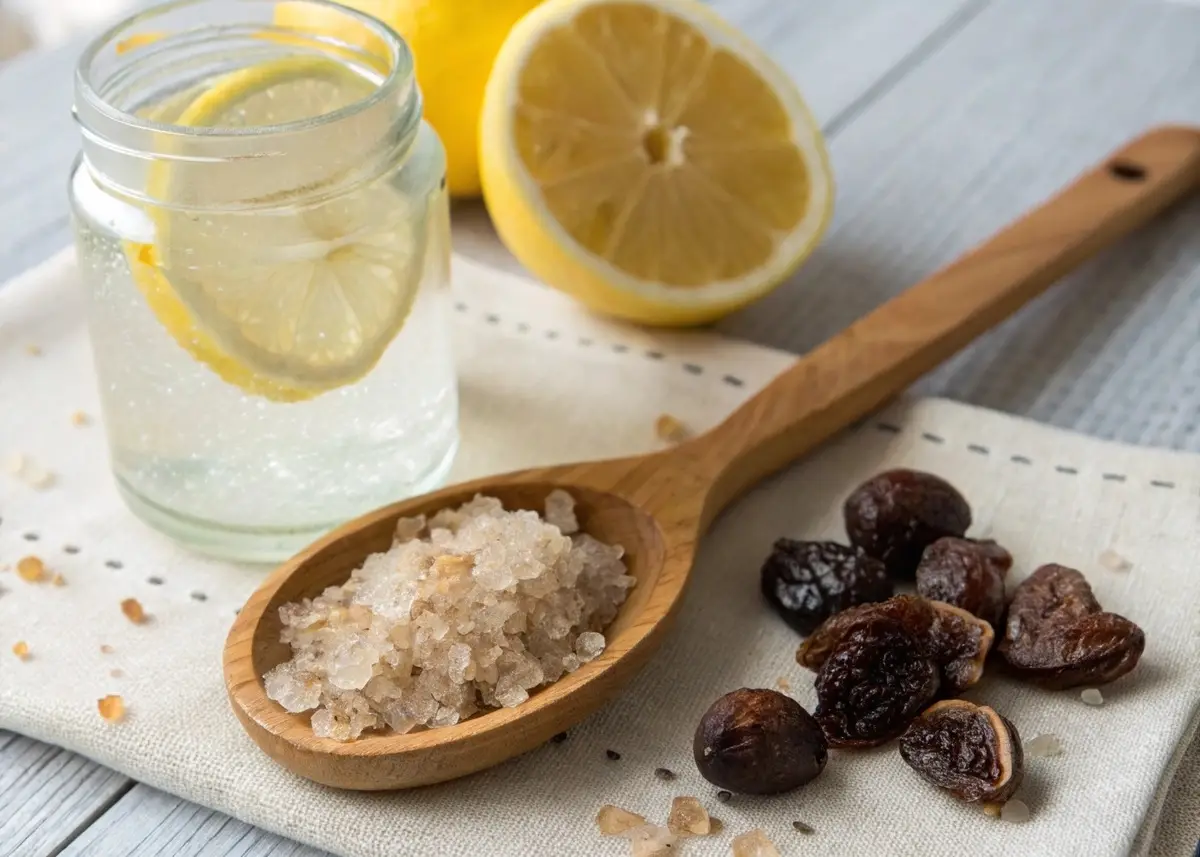 Wasserkefir auf Holzlöffe, daneben liegen getrocknete Feigen Glas mit Limonade und einer Scheibe Zitrone darin