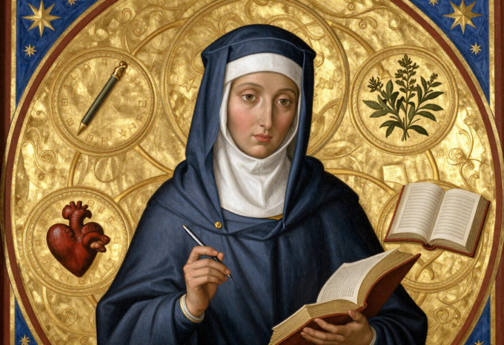 Person in blauem Habit mit weißem Kopftuch hält ein aufgeschlagenes Buch und eine Schreibfeder vor goldenem Hintergrund mit Herz, Pflanze, Buch und Schreibfeder in Medaillons