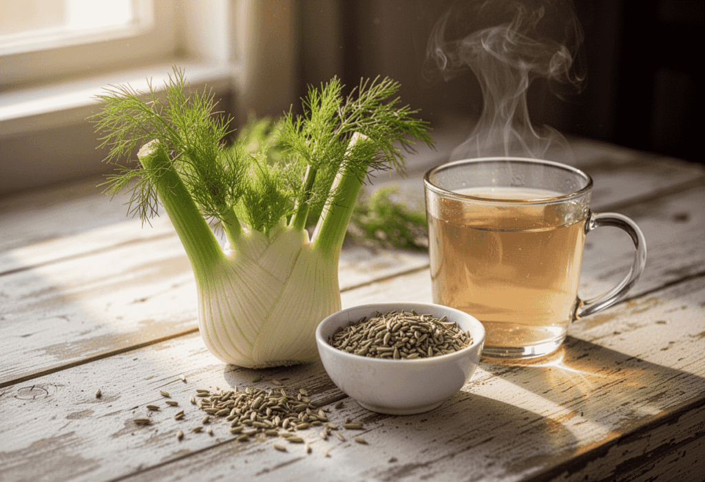 Frische Fenchelknolle mit Kraut, Samen und dampfendem Tee für Hildegard von Bingen Beratung und natürliche Gesundheit bei Kräuterstille