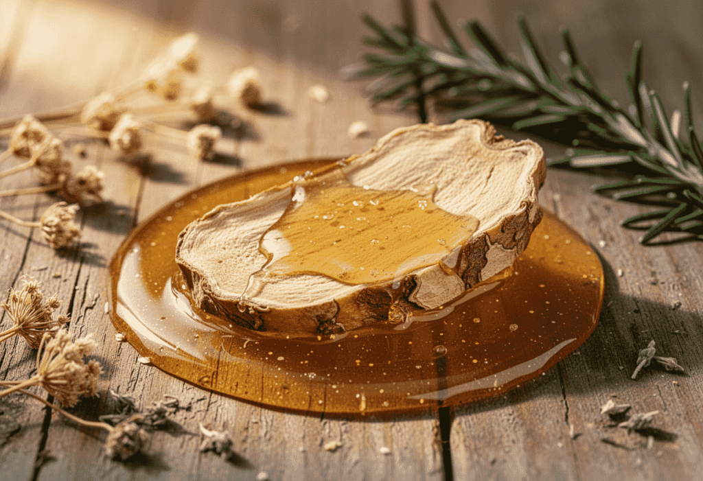 „Nahaufnahme einer Scheibe getrockneter Galgant-Wurzel in flüssigem, goldenem Honig auf rustikalem Holz. Symbol für wärmende Hildegard-Medizin im Winter zur Stärkung von Verdauung und Immunsystem."