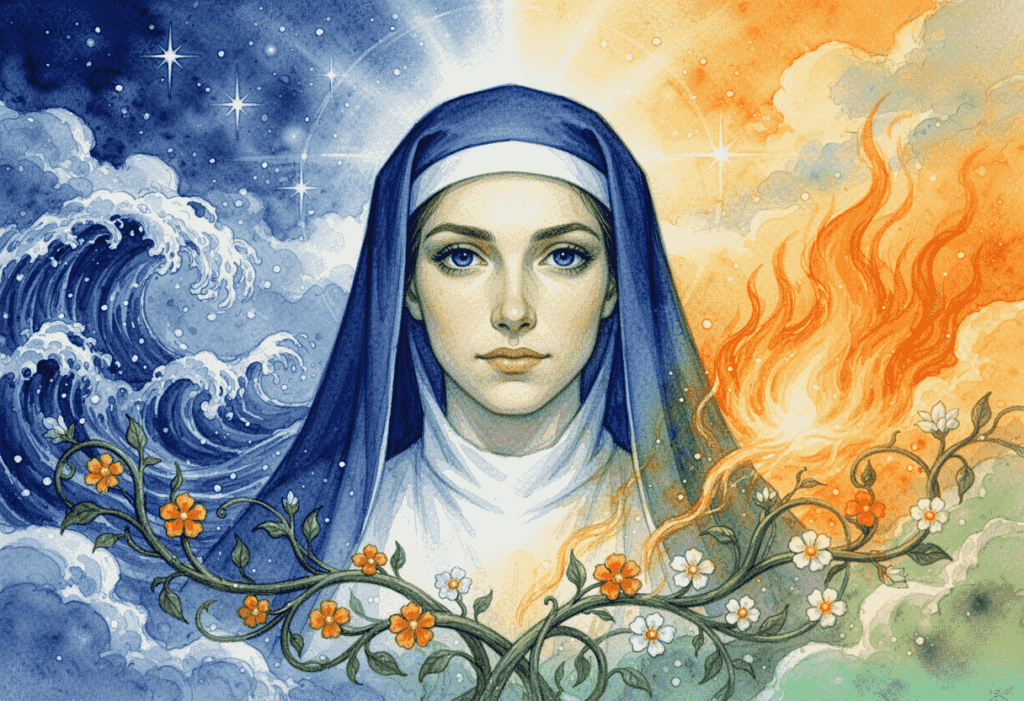 Spirituelles Aquarell einer Frau mit blauem Schleier, umgeben von Wasser, Feuer, Wind und Erde, für Hildegard von Bingen Artikel über die Vier Elemente und Körperseele bei Kräuterstille
