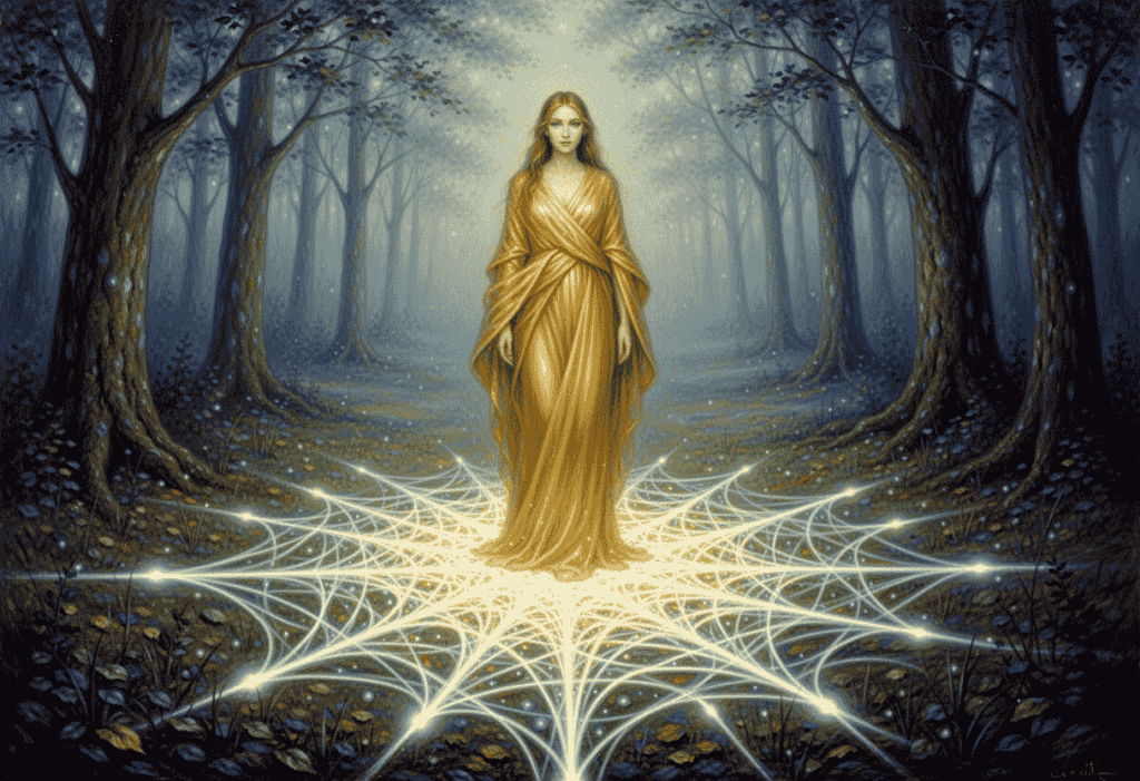 „Eine Frau in einem goldenen Gewand wirft einen Schatten, der sich in ein strahlendes Lichtnetz verwandelt – Symbol für Hildegards Netzwerk des Lebens und die Verwandlung von Dunkelheit in Heilung.“ „Eine Frau in einem goldenen Gewand wirft einen Schatten, der sich in ein strahlendes Lichtnetz verwandelt – Symbol für Hildegards Netzwerk des Lebens und die Verwandlung von Dunkelheit in Heilung.“