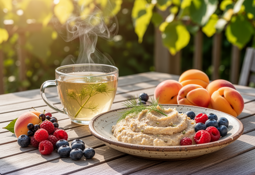 Ein sonnendurchfluteter Holztisch im Garten: Eine Schale cremiger Habermus mit Fenchel garniert mit frischem Dill, umringt von leuchtenden Sommerfrüchten – Himbeeren, Blaubeeren, schwarze Johannisbeeren und saftige Aprikosen. Daneben steht eine Tasse dampfender Fencheltee, dessen klare Flüssigkeit ein Dillzweig durchzogen. Im Hintergrund verschwimmen grüne Blätter und warmes Sonnenlicht, das die Szene in sanftes Gold taucht. Ein Bild der Ruhe, der natürlichen Fülle und der leichten Sommerkost.