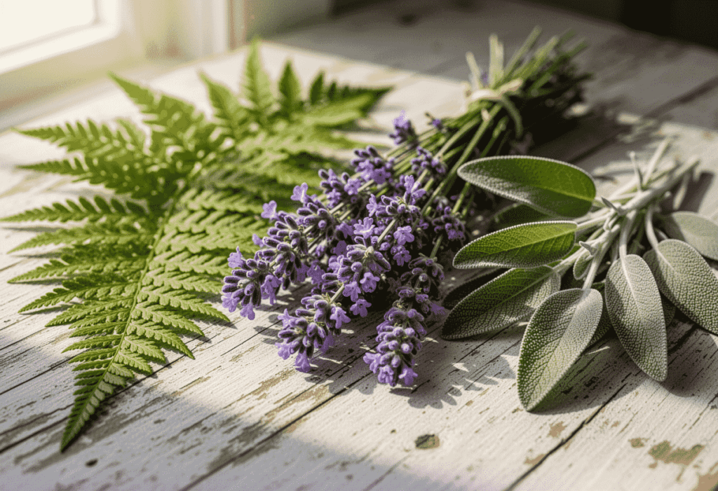 Frischer Lavendel, Salbei und Farn auf rustikalem Holz für Hildegard von Bingen Kurse und Lernen & Wachsen bei Kräuterstille