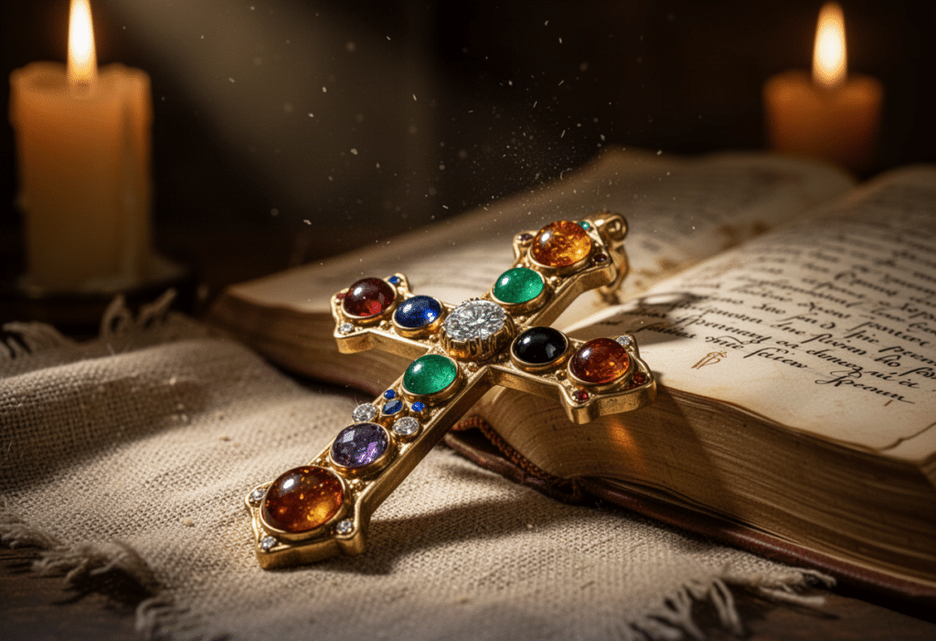 Goldenes Kreuz aus der Zeit Hildegard von Bingens, besetzt mit glatten Cabochon-Edelsteinen wie Saphir, Rubin und Bernstein, auf Pergament neben einem Klosterbuch. Symbol für die heilende Kraft der Schöpfung und das Licht im Schatten.