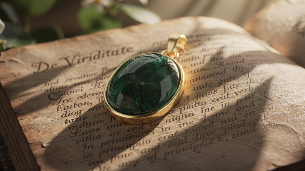 „Goldgefasster Smaragd-Cabochon als Solitär-Anhänger auf einem alten Buch mit lateinischen Texten, umgeben von grünen Blättern und sanftem Licht – Symbol für Hildegards Grünkraft und spirituelle Heilkraft.“