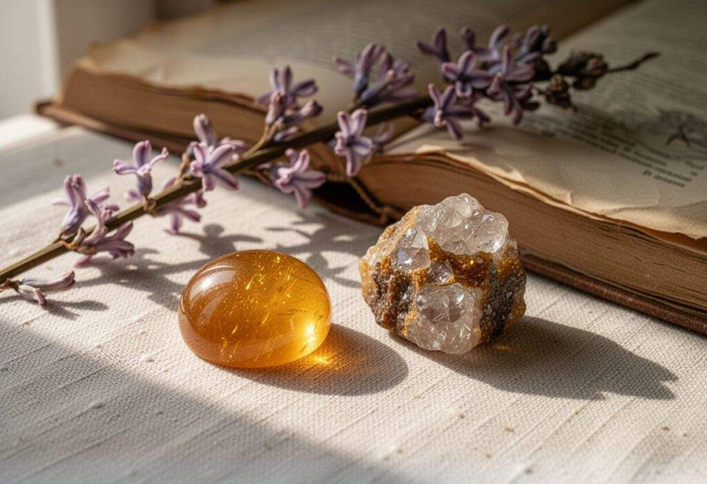 Zirkon-Cabochon und Zirkon-Naturstein neben einem alten Buch und Hyazinthenblüten auf Leinen